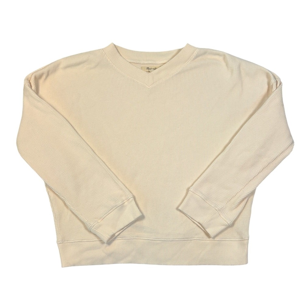 Madewell Waffle Knit V-Neck Pullover Sweatshirt Cream Ivory Small